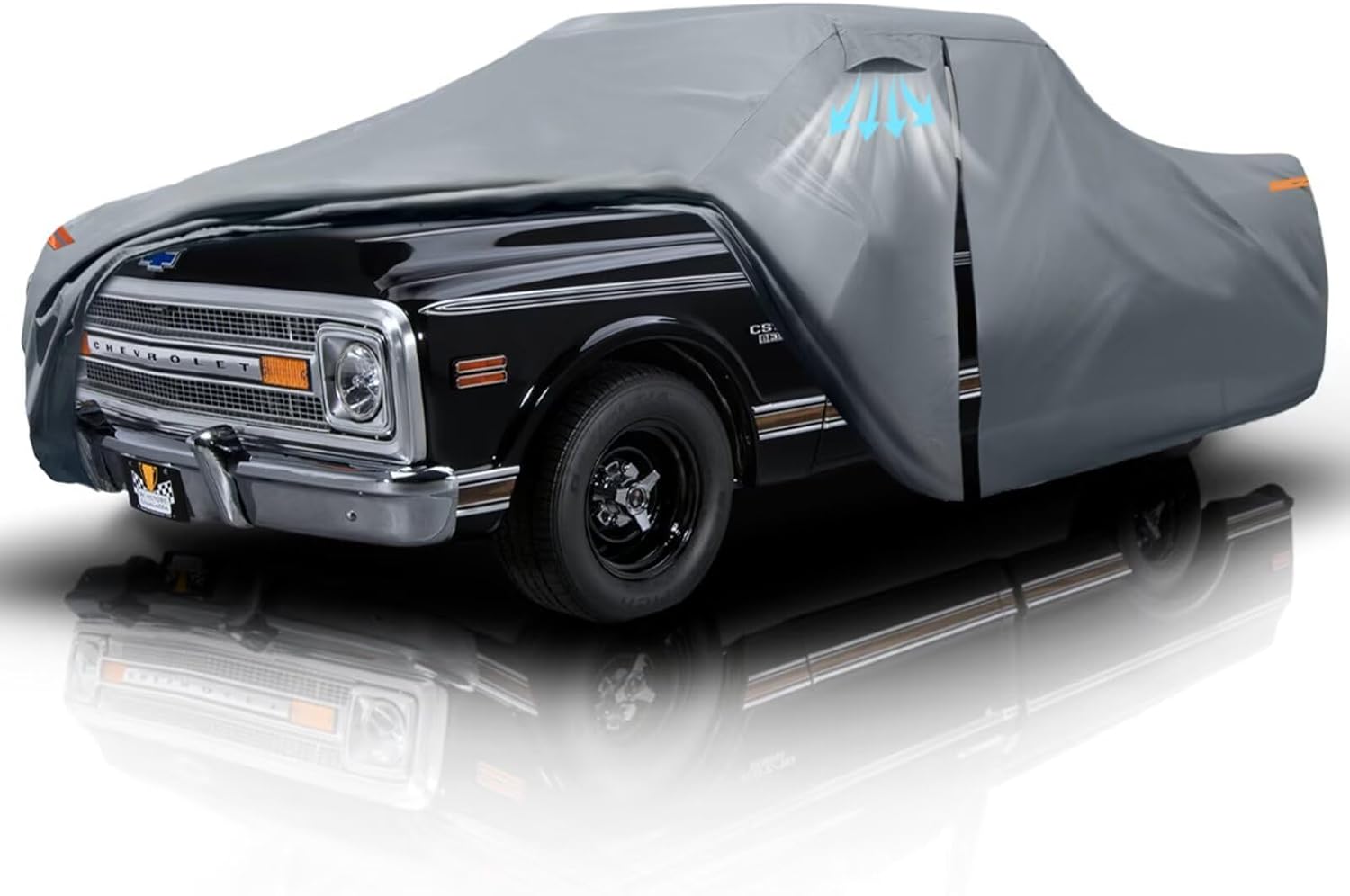 Chevy C10 Truck Cover Custom Fit 1960-1995 Regular/Extended/Crew Cab LB(6.4'-8.5') with Door Zipper, 10 Layer Pickup Truck Cover Waterproof All Weather, Car Tarp for Wind Dust Sun etc Protection.