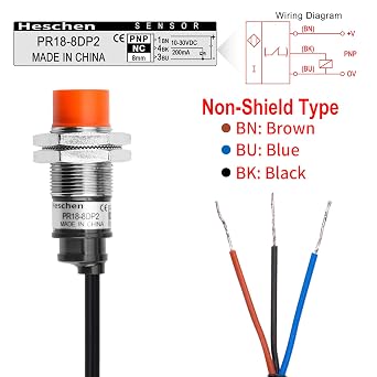 Heschen M18 Inductive Proximity Sensor Switch PR18-8DP2 Cylindrical Type Detector 8mm DC12-24V 3-Wire PNP NC(Normally Closed) CE