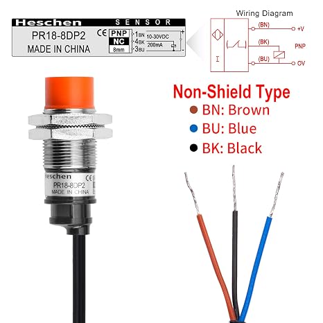 Heschen M18 Inductive Proximity Sensor Switch PR18-8DP2 Cylindrical Type Detector 8mm DC12-24V 3-Wire PNP NC(Normally Closed) CE