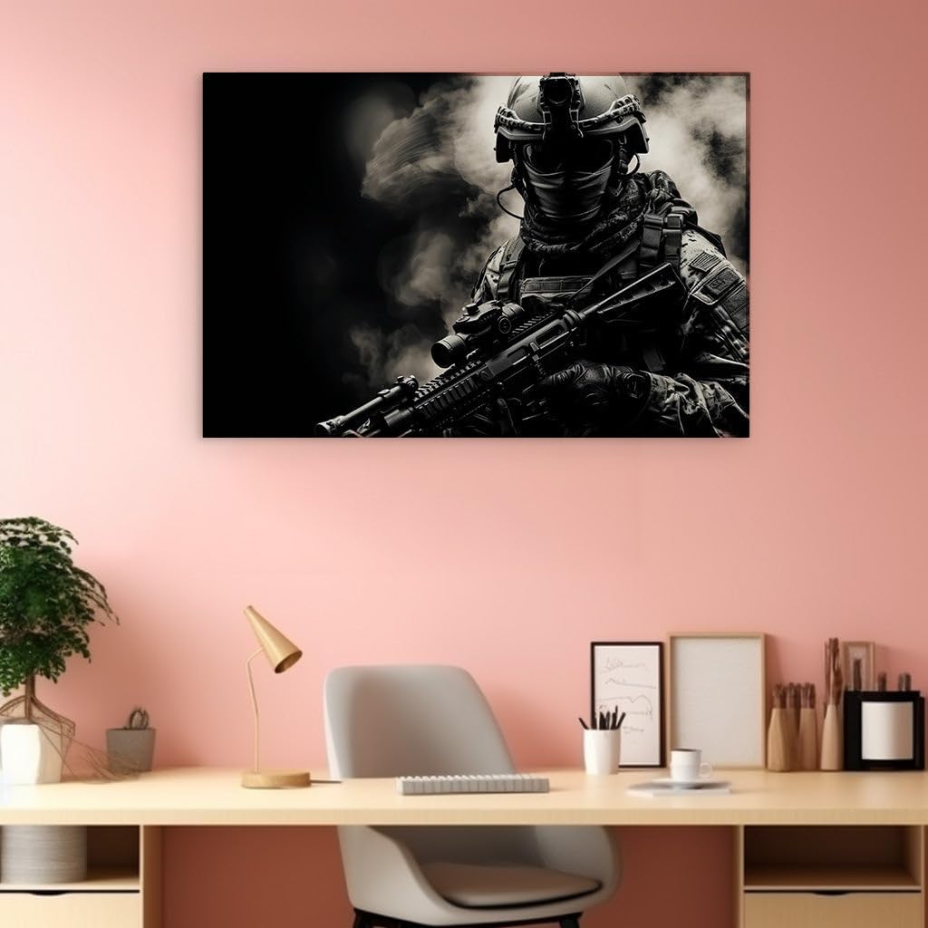 Canvas for Living Room. Stealth and Precision: A Soldier's Stand in The Shadows, 27 x 18 inch Canvas Wall Art - Modern Home Decor