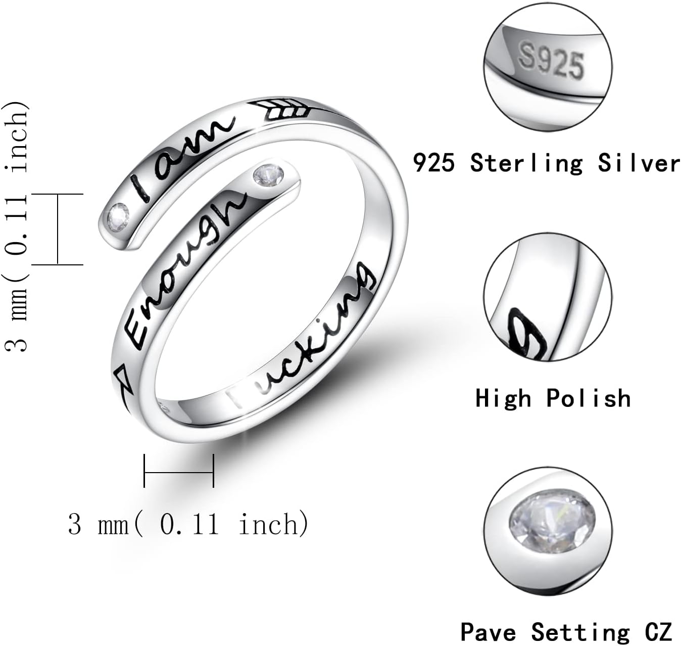 I am Enough Strong Inspirational Message Arrow Rings 925 Sterling Silver Sizeable Quote Wrap Ring Encouragement Jewelry for Women