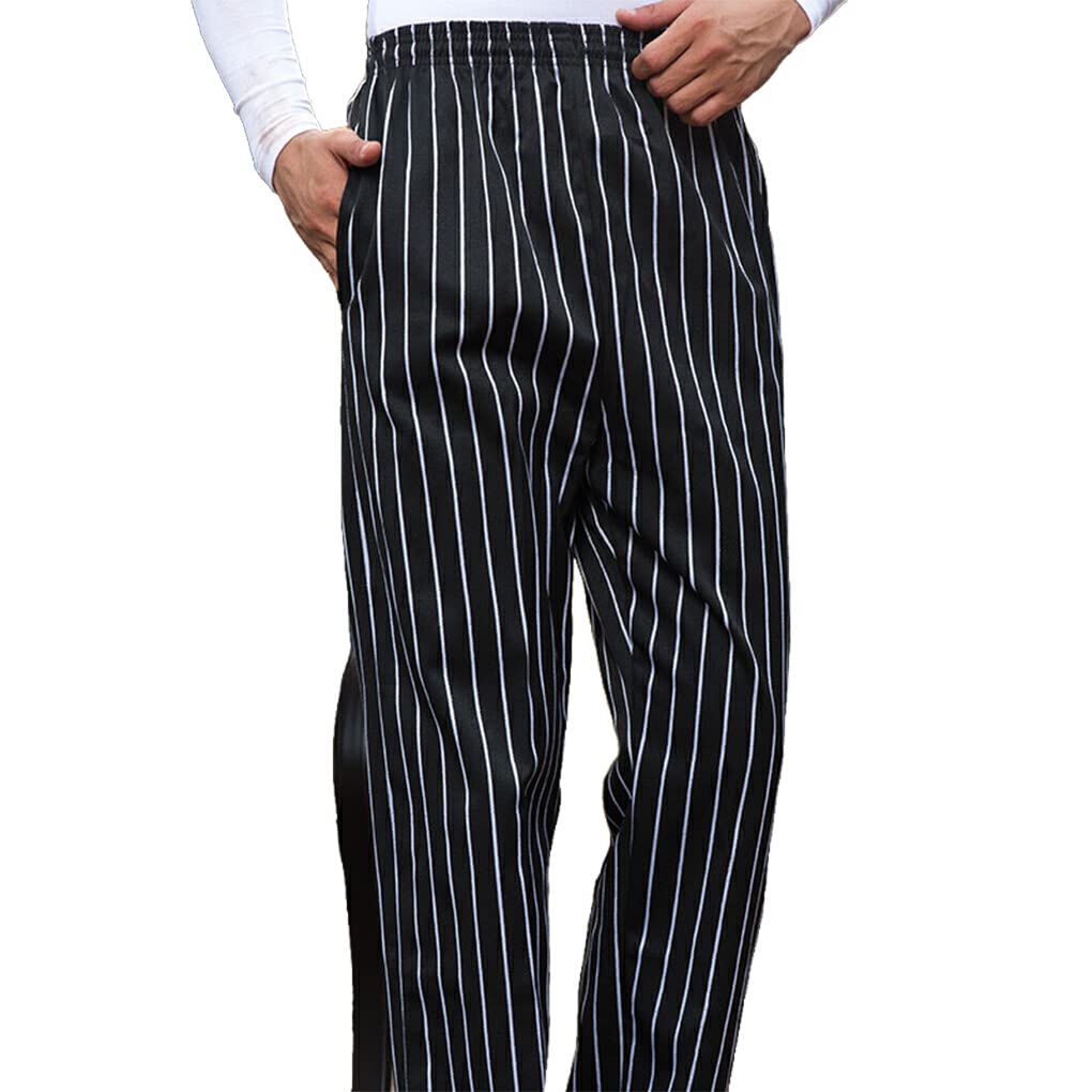 Chef Pantalon Hommes Baggy Cuisinier Pantalon Chic Serveur Travail Porter des vêtements Uniformes pour Restaurant hôtel café Cuisine 2XL Noir Blanc Rayures