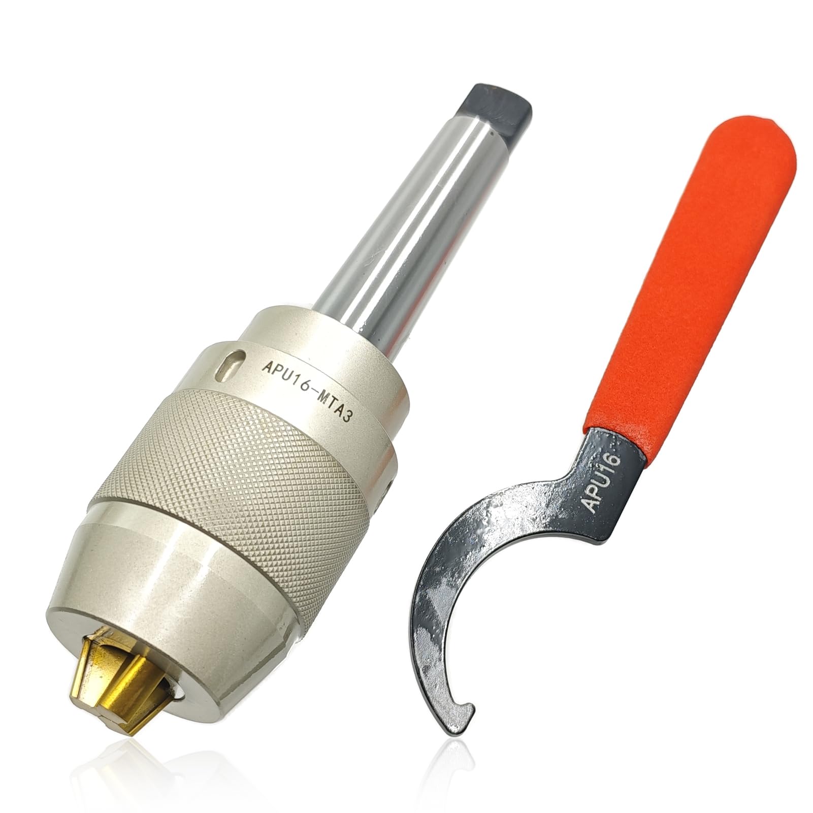 MT3 Portabrocas sin llave, 1/8 pulgadas - 5/8 pulgadas (3-16 mm), mandíbulas recubiertas de titanio, vástago integral, llave inglesa APU16, portabrocas autoajustable resistente