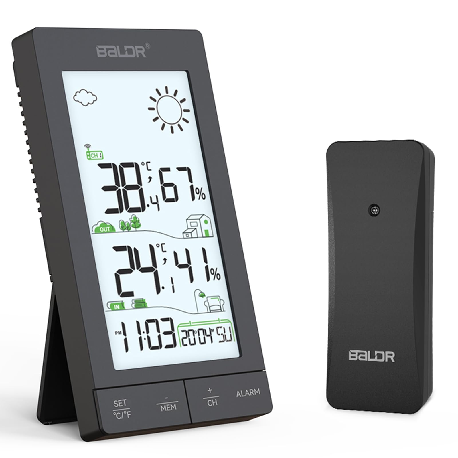 Wetterstation Funk mit Außensensor, Innen- und Außenthermometer, Hygrometer, Funkwetterstation mit 6,0"LCD-Display,Wettervorhersage, Wochentag，Wecker, Schlummerfunktion und Hintergrundbeleuchtung