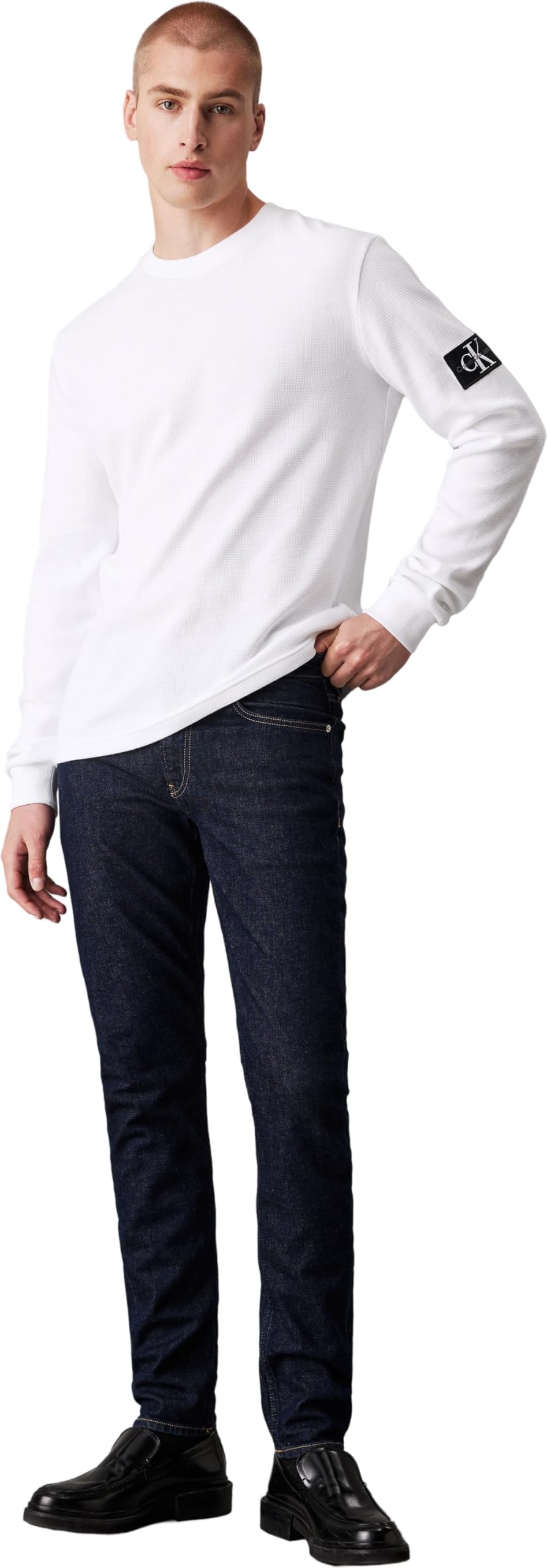 Calvin Klein Badge Waffle Ls Tee J30J323485, Top in Maglia a Maniche Lunghe, Uomo, Bianco (Bright White), L