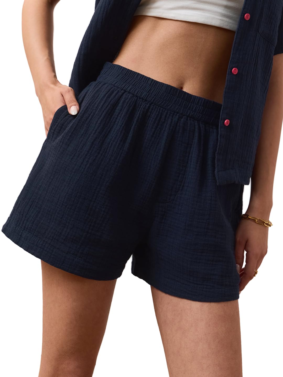 the souled store Blue Petal Women Elastic Waistband Navy Solid Cotton Regular Fit Lightweight Everyday Casual Shorts-picture-29