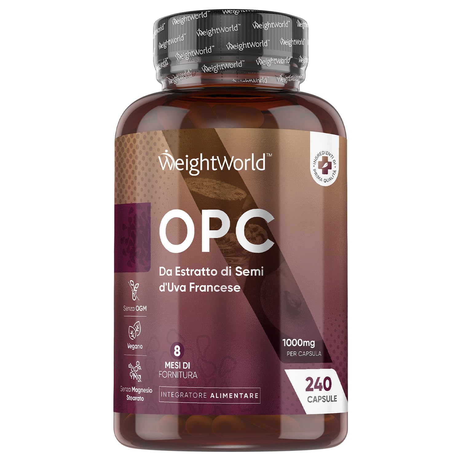 OPC Integratore al 95%, in 240 Capsule Vegane, Solo 1 al Giorno (8 Mesi di Fornitura), Estratto Semi Uva Francese (Grape Seed Extract) 4:1, 1000mg per Capsula, Privo di Magnesio Stearato e Allergeni