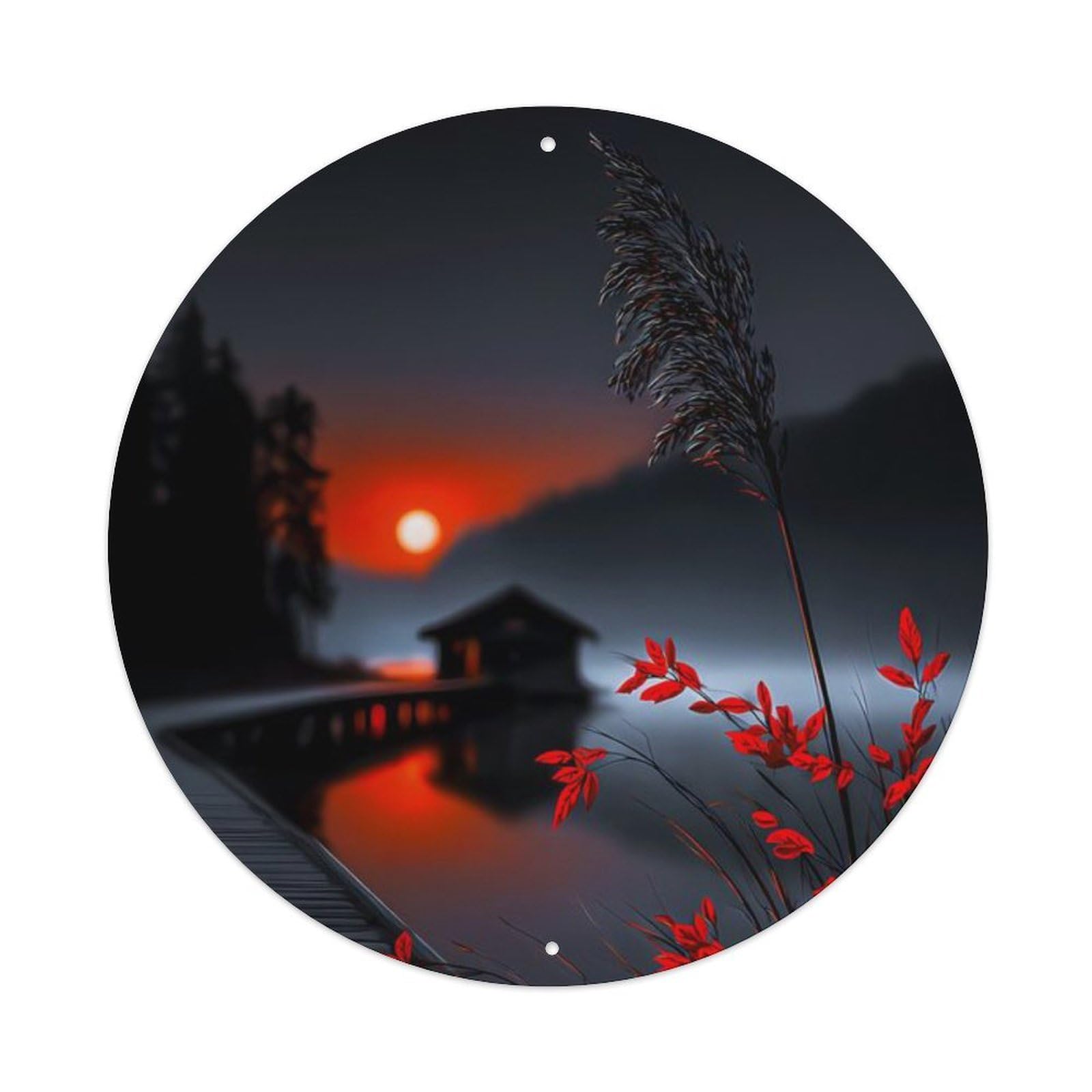 Landscape Pampas Grass Sunset Lake Aesthetic Moody Vintage Metal Tin Sign Plaque Wall Decor for Cafe, Club Bar, Office, Garden Metal Poster 8x8Inch