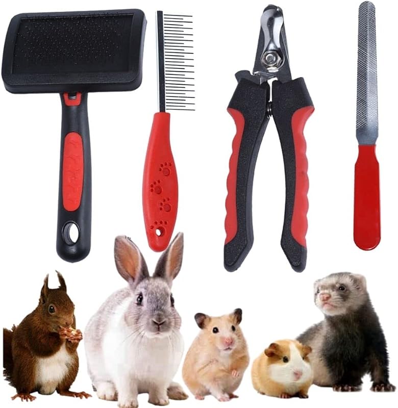 Kit de aseo profesional para cortaúñas de conejo con cepillo para quitar mascotas, peine de aseo para mascotas, cortaúñas para conejo, cachorro, gatito, conejillo de indias, hámster, hurón (4 unidades)