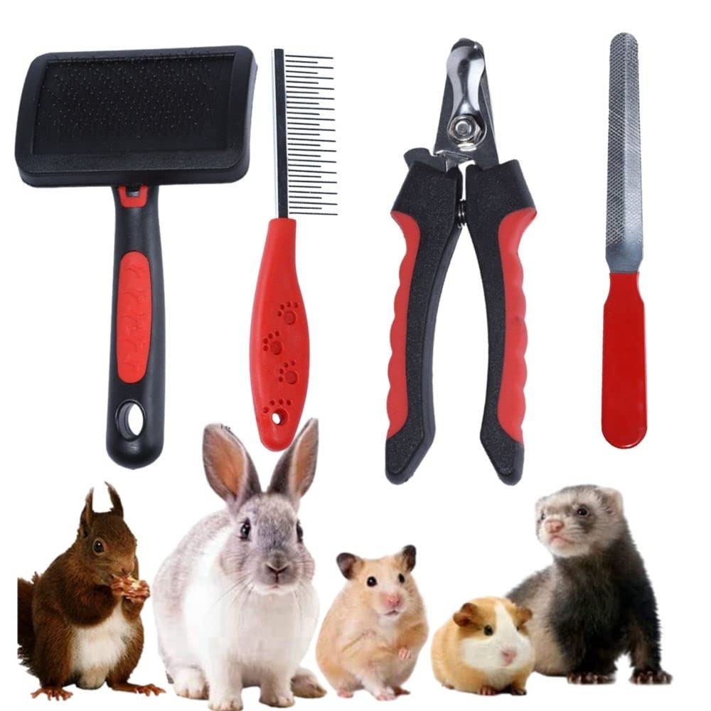 FORZENA Rabbit Nail Clippers Grooming Kit with Pet Shedding Slicker Brush, Pet Grooming Comb, Nail Clipper Trimmer for Rabbit, Puppy, Kitten, Guinea Pig, Hamster, Ferret (4PCS)