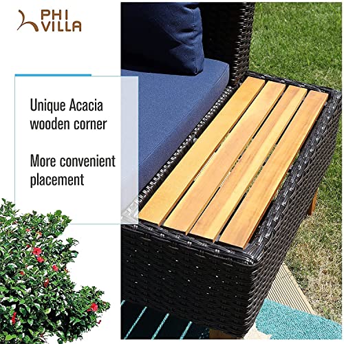Phi Villa 3-Piece Outdoor Couch Rattan Sectional Sofa Set With Acacia Wood Coffee Table Patio Wicker Furniture Set With Water-Repellent Cushions, Navy Blue #TOP3