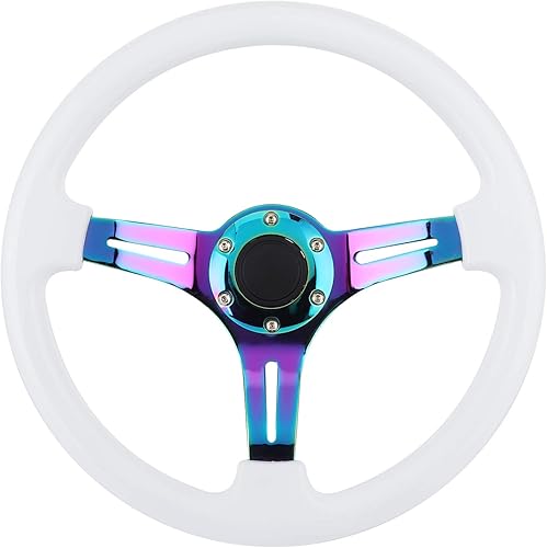 Qiilu Volante universal de carreras a la deriva 14"/350mm 6 pernos agarre con botón de bocina para coche