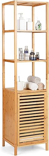 LOKO Gabinete alto de bambú, gabinete de almacenamiento estrecho para baño con estantes de 3 niveles y puerta de obturador, gabinete de torre