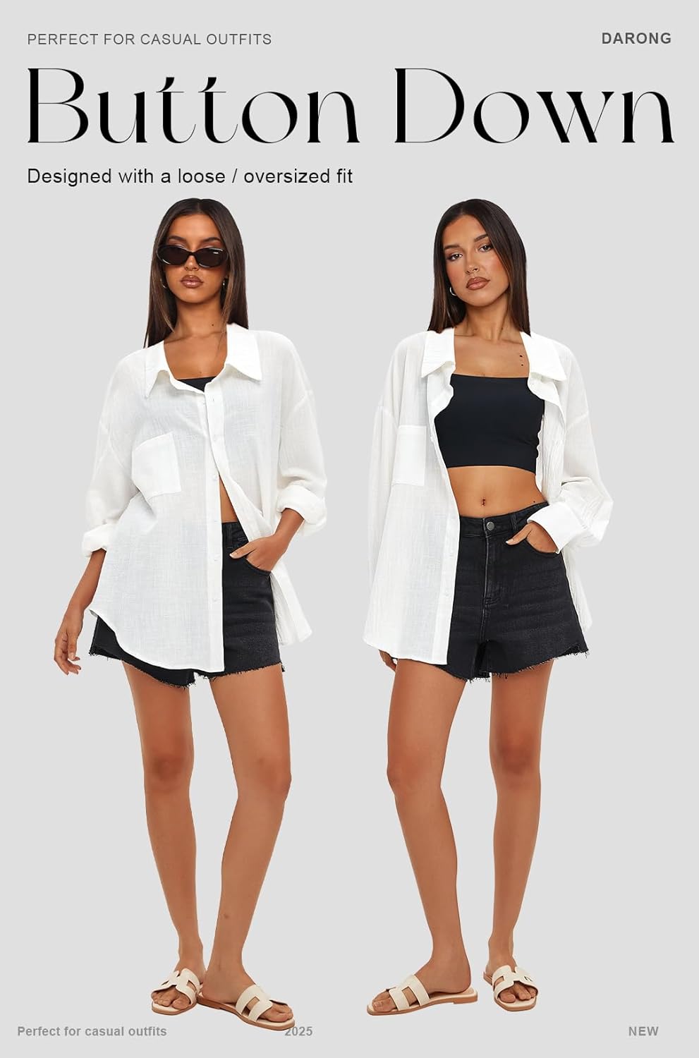 Darong Women's Button Down Long Sleeve Shirts Cotton Blend Casual Oversized Boyfriend Loose Fit Blouse Top - Image 2