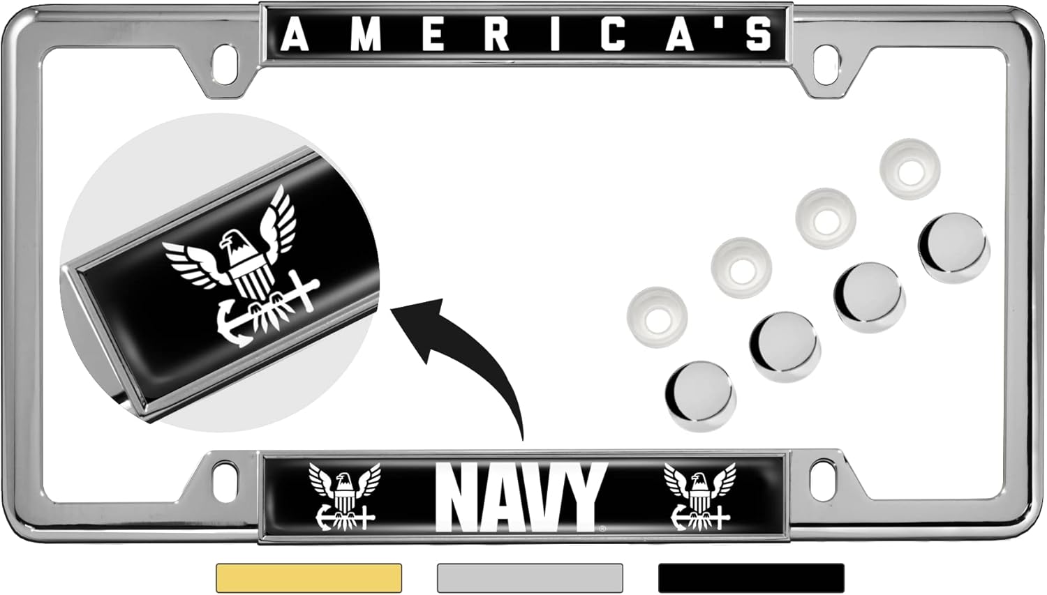[U.S. Navy Officially Licensed Product] - America's Navy - Domed Custom-Made Personalized Narrow (Thin) Top 4 Hole Metal Car License Plate Frame with Free caps - Chrome, b/w (Qty: 1 Frame)