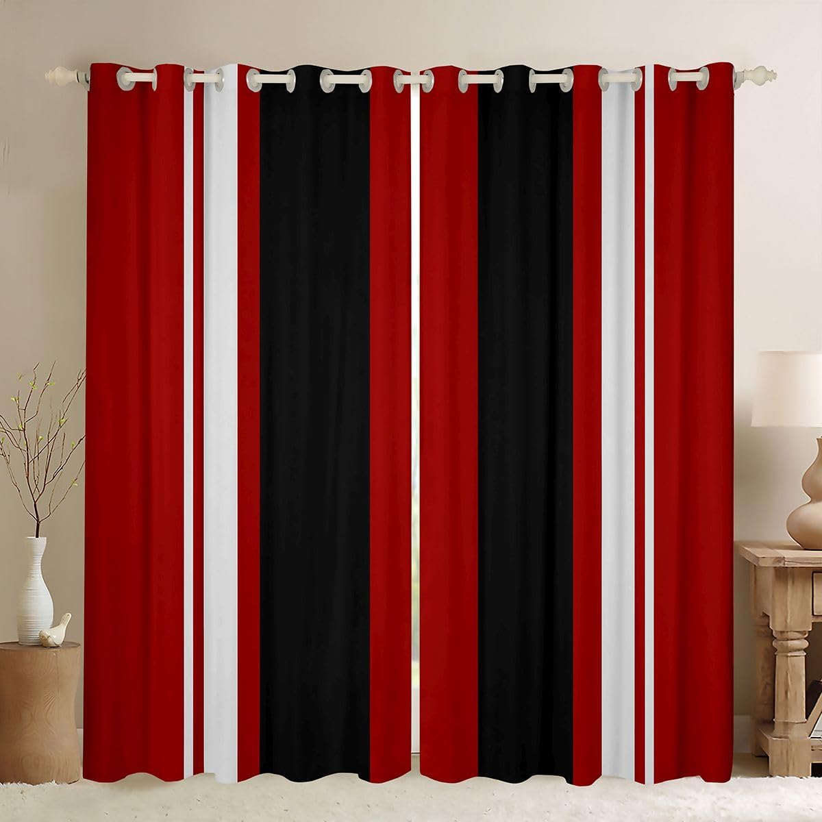 Feelyou Red and Black Curtains for Bedroom Living Room Kids Boys Girls Strip Lines Blackout Curtains (2 Panels, 38 x 54 Inch) Darkening Drapes Decor Abstract Window Treatments