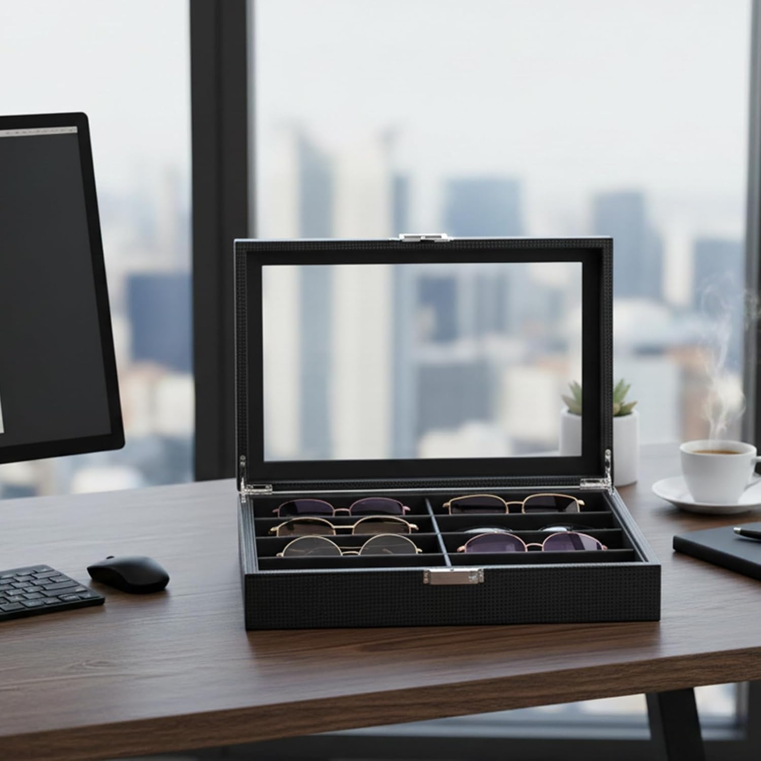 BEWISHOME Glasses Organizer for Men, Sunglasses Organizer, 8-Slot Sunglasses Storage Case with Large Clear Glass Lid, PU Leather Lined Eyewear Display Box - Image 8