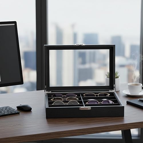 Miniatura 8 de BEWISHOME Organizador de lentes de sol, organizador de lentes, funda de lentes de sol de 8 ranuras para hombres, caja de almacenamiento de anteojos