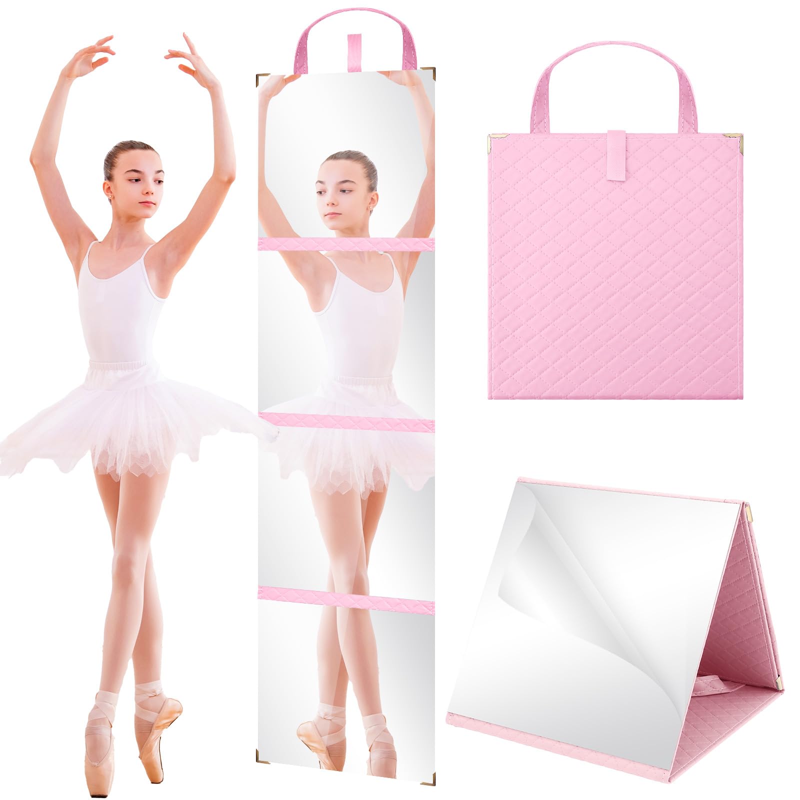 Foldable Backstage Hanging Mirror Foldable Portable Full Length Mirror with Handle 47.2 x 11.4 Inches Portable Hanging Folding Makeup Mir-ror Full Body Travel Mir-ror for Dancer Home Fitness ,Pink