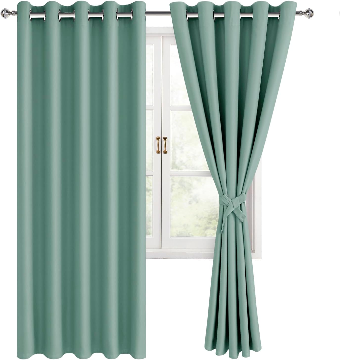 Hiasan Blackout Curtains for Bedroom, 60 x 63 Inches Length - Thermal Insulated & Noise reducing Window Curtains for Living Room, 2 Drape Panels Sewn with Tiebacks, Sage Green