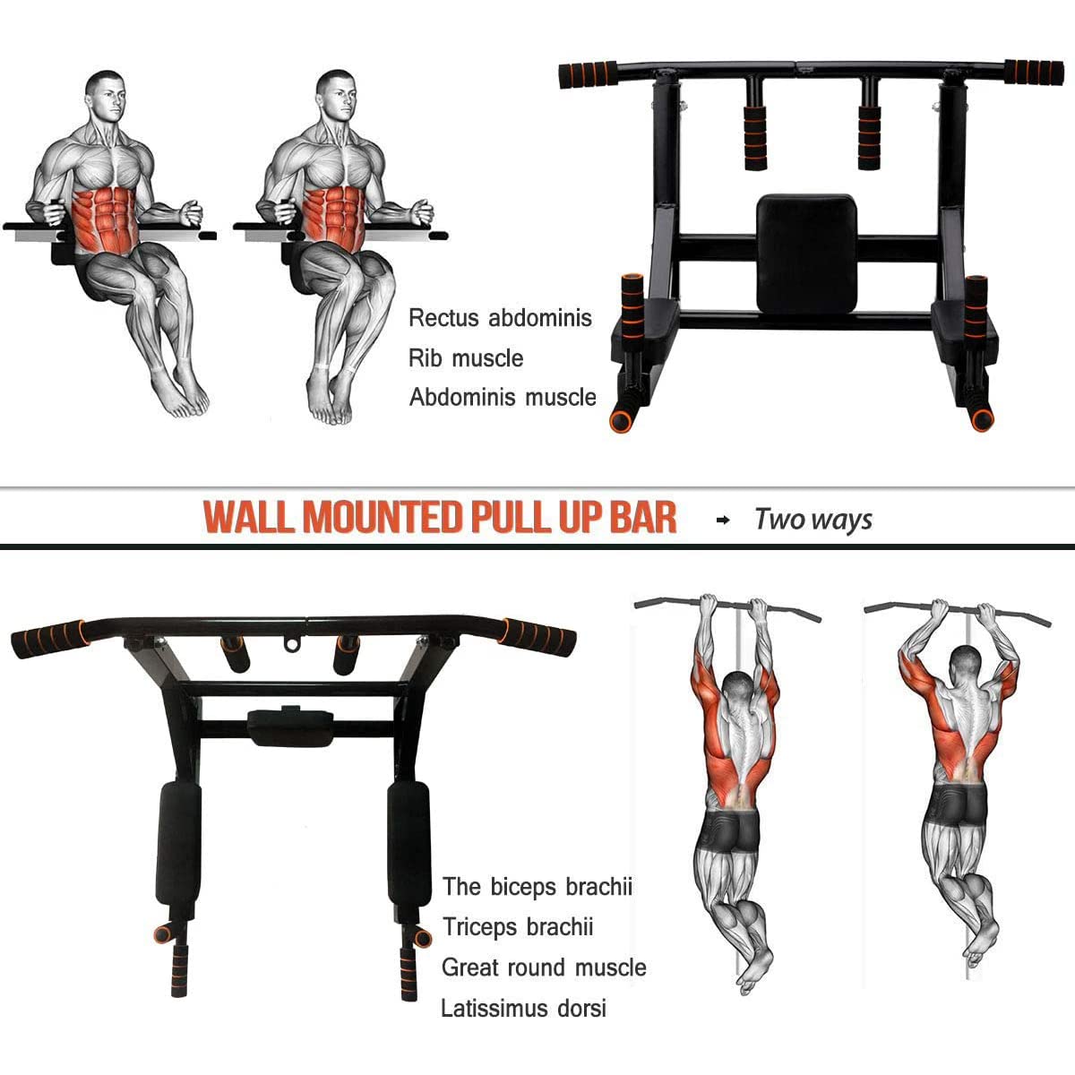 STARBRILLIANT Pull Up Bar Wall Mounted Chin Up Bar Wall Mount Multifunctional Dip Station for Indoor Home Gym Workout,Power Tower Set Training Equipment Fitness Dip Stand Supports to 440 Lbs