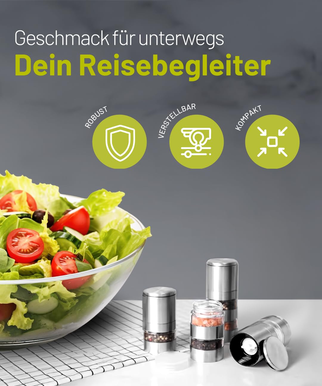 Modulare Salz und pfeffermühle 2 in 1 mit 3 Kammern – Edelstahl Salz Pfeffer Mühle & Gewürzmühle - Pfeffer- und Salzmühle, nachfüllbar & modern