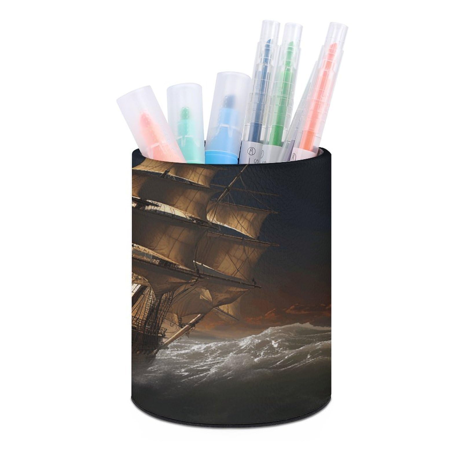 VstaDank Sailing Ship in Storm Pen Holder PU Leather Pencil Cup Minimalist Desk Pencil Holder Round Make Up Brush Organizers For Office Dorm Room&Vanity Desk Accessories