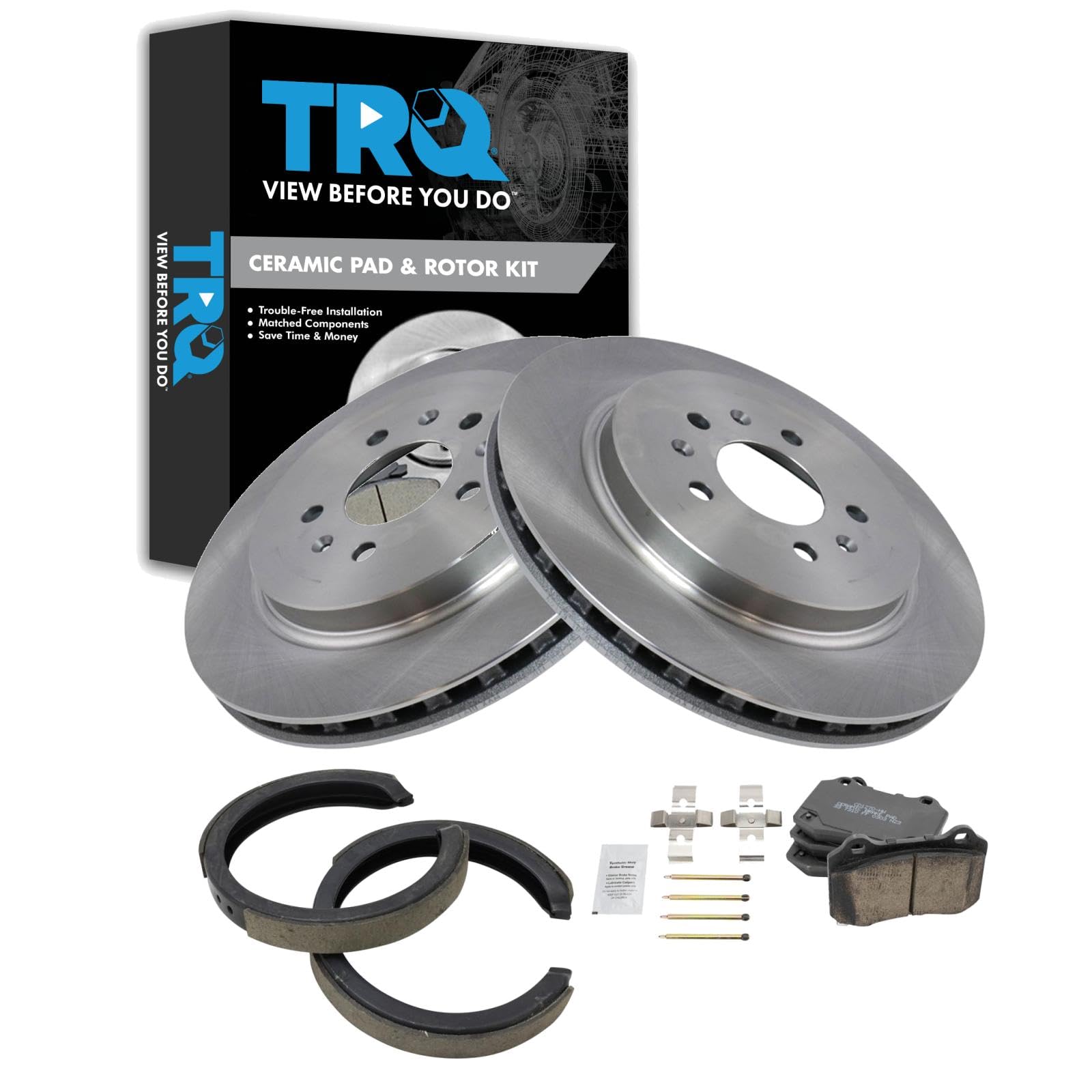 TRQ Rear Brake Pad and Rotor Set Ceramic Rotors Parking Shoe Brake Code J56 JE5 Compatible with 2005-2010 Cadillac STS