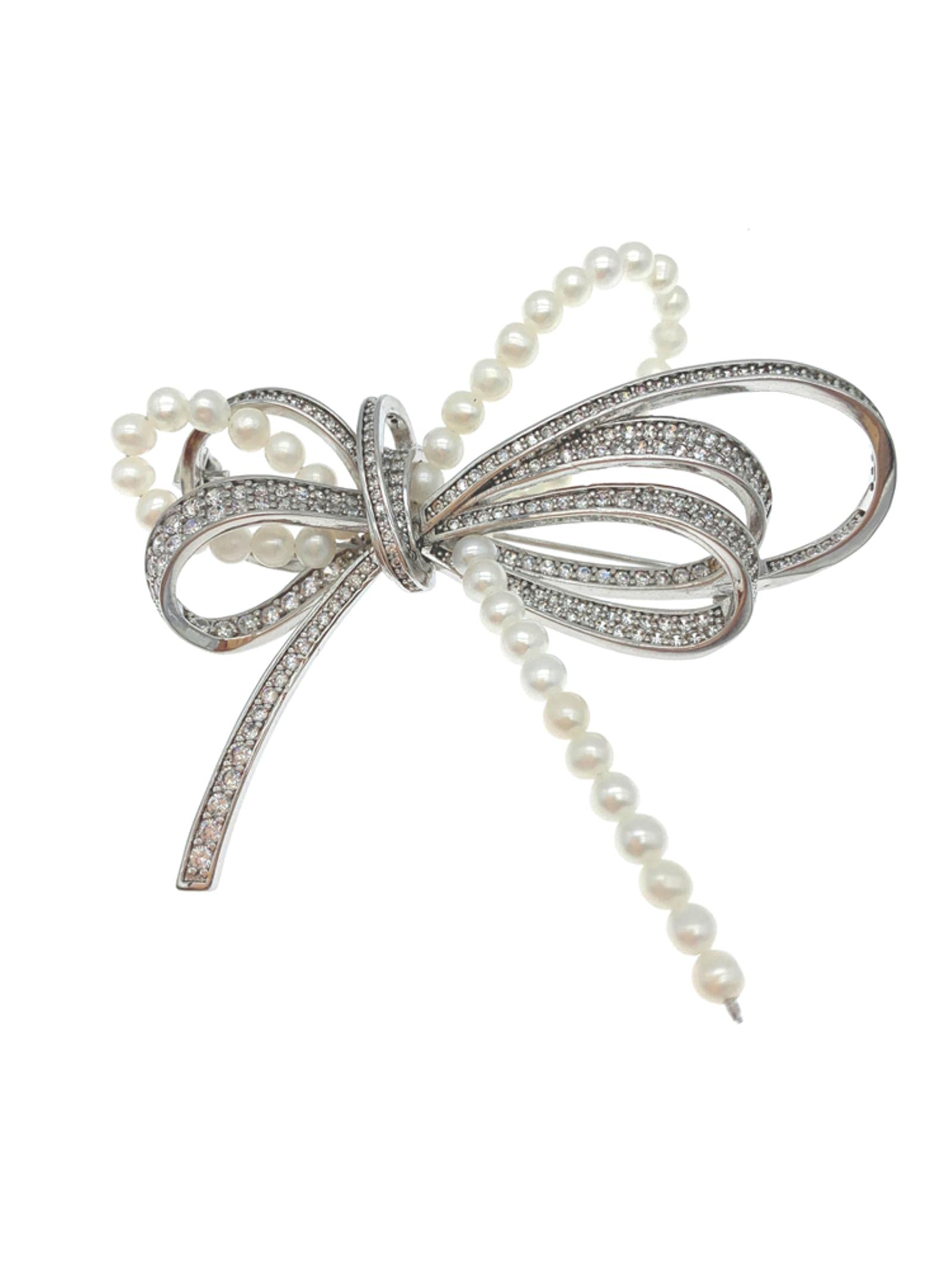 Spilla Perle d'acqua dolce bianche da 3,5-4 mm con fiocco in argento con zirconi cubici per regali per ragazze da donna