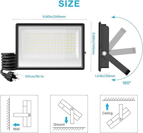 Miniatura 9 de Olafus Paquete de 2 luces LED de 100 W para exteriores, 9000 lúmenes, luces de inundación al aire libre, IP66 impermeable LED con enchufe, luz