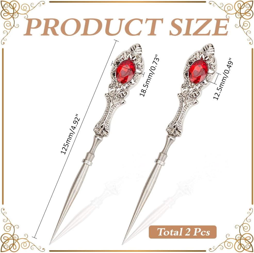 WADORN 2 Pcs Vintage Embroidery Awl, Metal European Style Sewing Tools with Red Rhinestone Leather Punch Stitching Marking Awl Tool with Needle Case for DIY Leather Craft Art Work Wood Shoe Repair