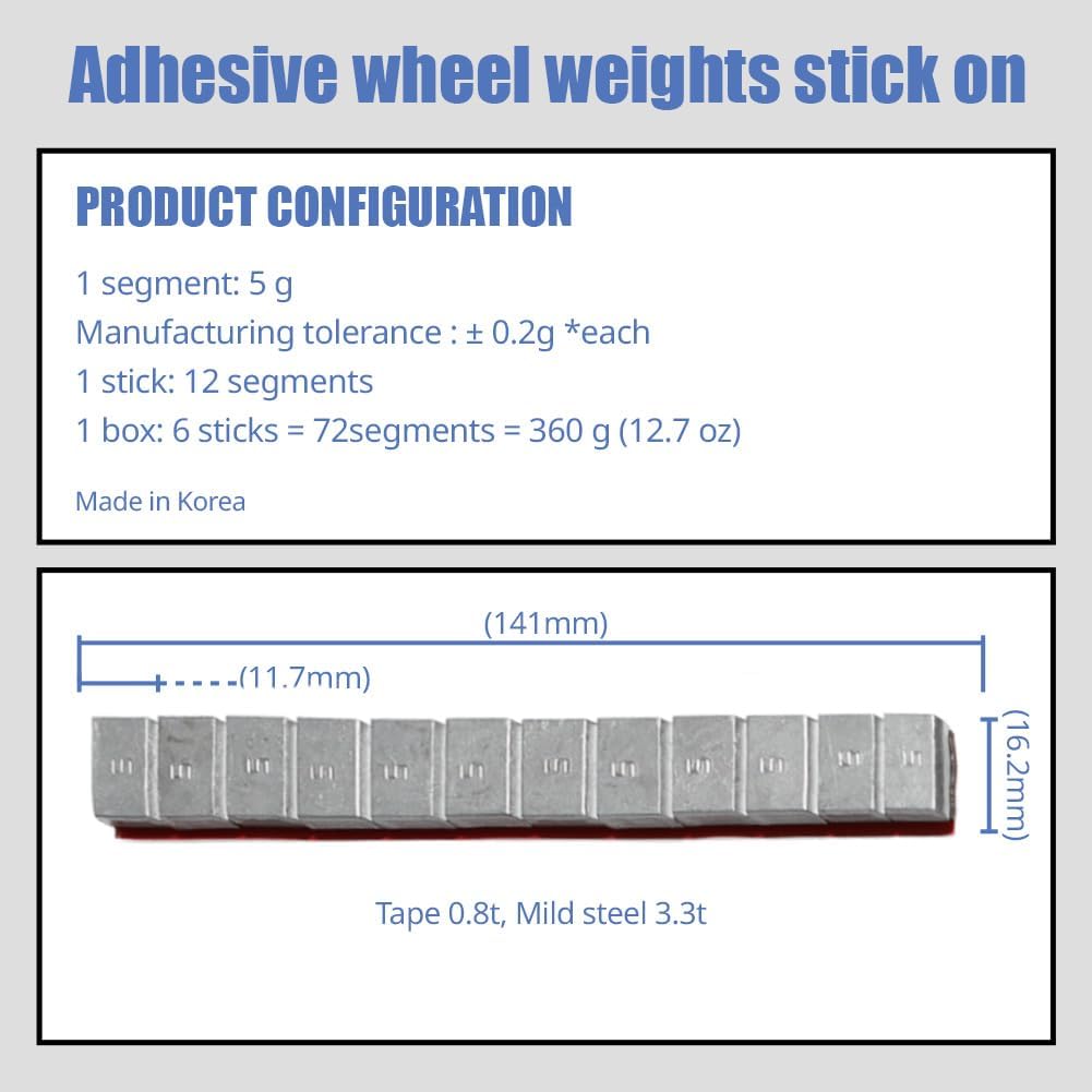 5gr, Gray, Adhesive Stick On Wheel Weights, Easy Peel, Low Profile, Cars, SUVs, Motorcycles, RC Cars, Crafts, 12.7 Oz/Box, 6 Strip, Korean Made,
