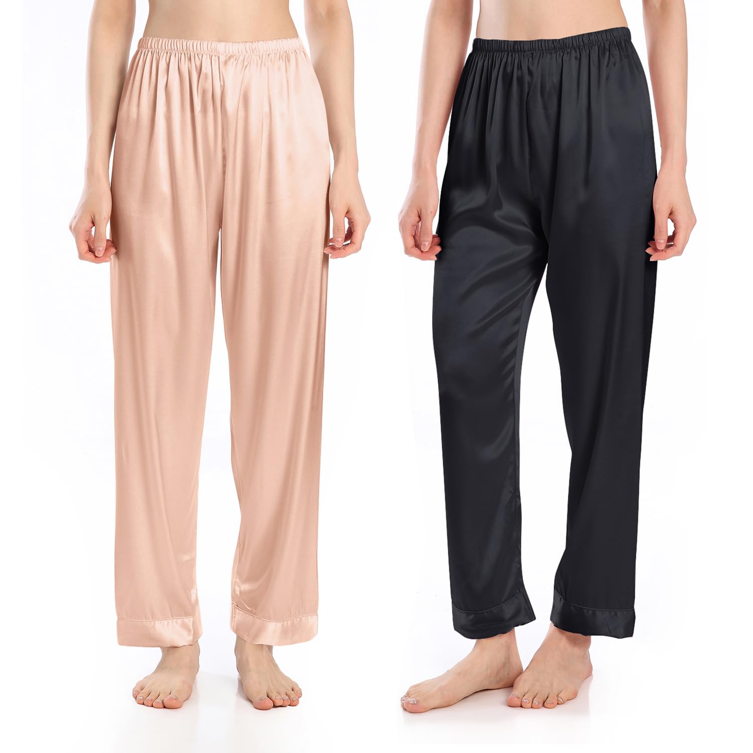 Wantschun Women's Pack Of 2:Champagne+Black Satin Silk Sleepwear Pyjama Pants Nightwear Loungewear Pajamas Bottom Trousers Lounge Pants Uk Size M