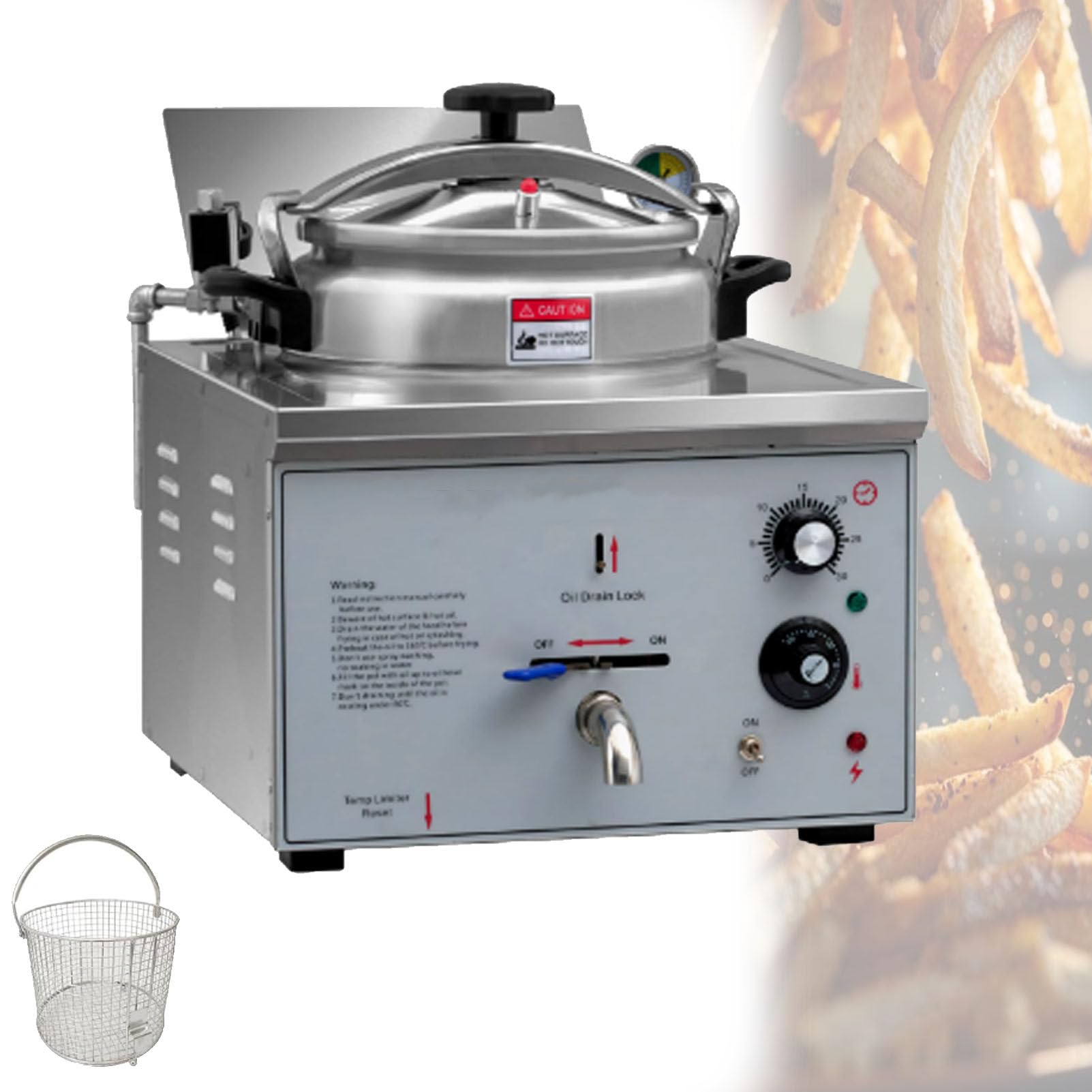 YXYLJOZ 16L Commercial Countertop Pressure Fryer, 3000W Stainless Steel Electric Deep Fryer with Basket, High-Pressure Fryer for Chicken, Fish, Snack Bar