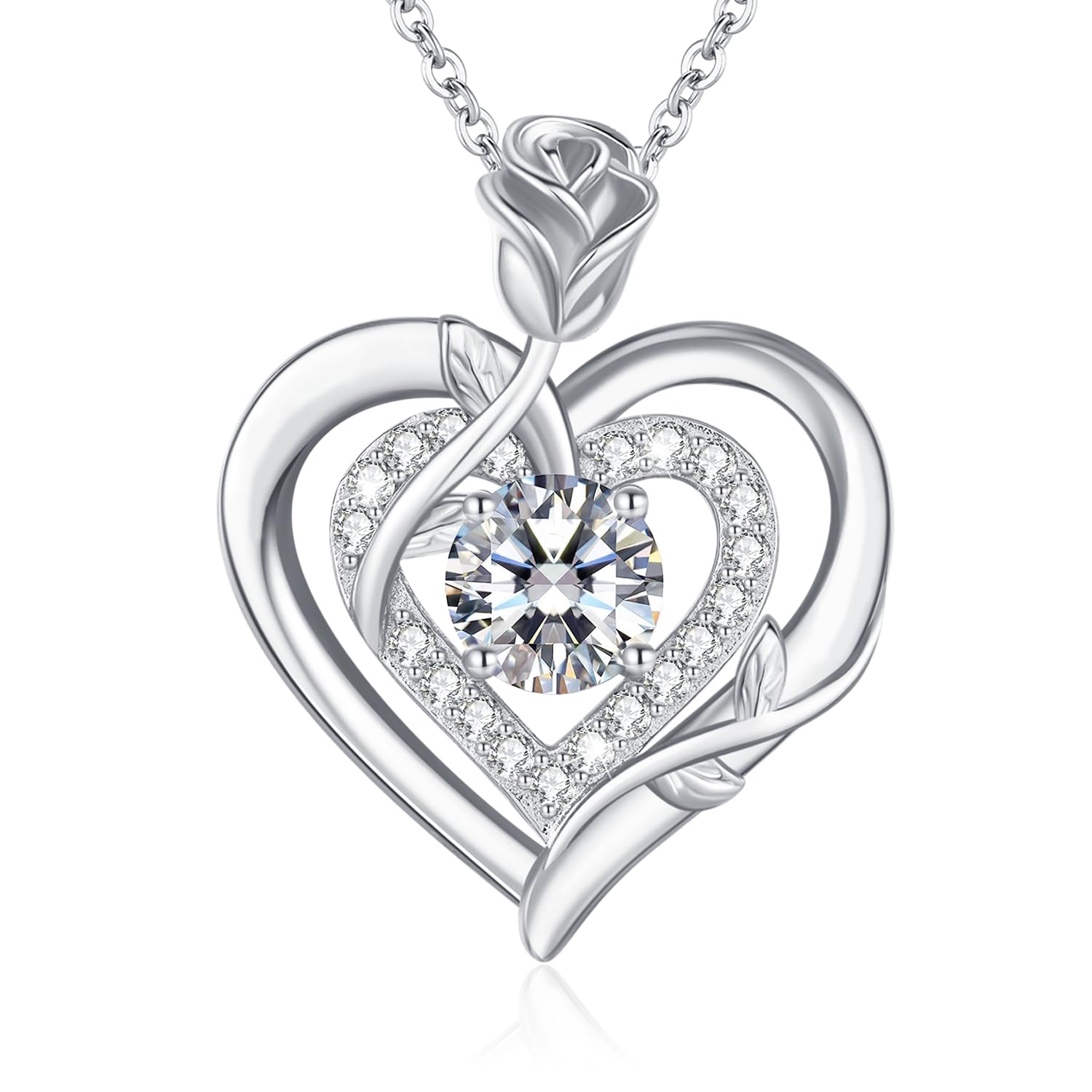 LAVUMO Moissanite Halskette Damen Silber 925 Echt,Moissanite Kette Damen Gold/Rosegold/Silber Doppel Herz Rose Anhänger Weihnachten Valentinstag Geburtstag Schmuck Geschenke für Frauen Freundin Mama