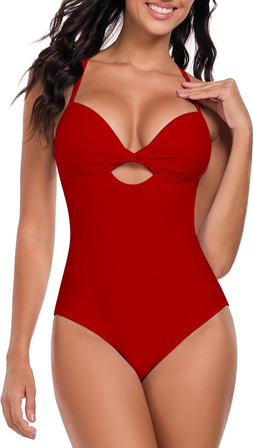 Colloyes Women's Push Up Twist Front Cutout One Piece Swimsuits Crisscross Back Bathing Suits Adjustable Straps Swimwear