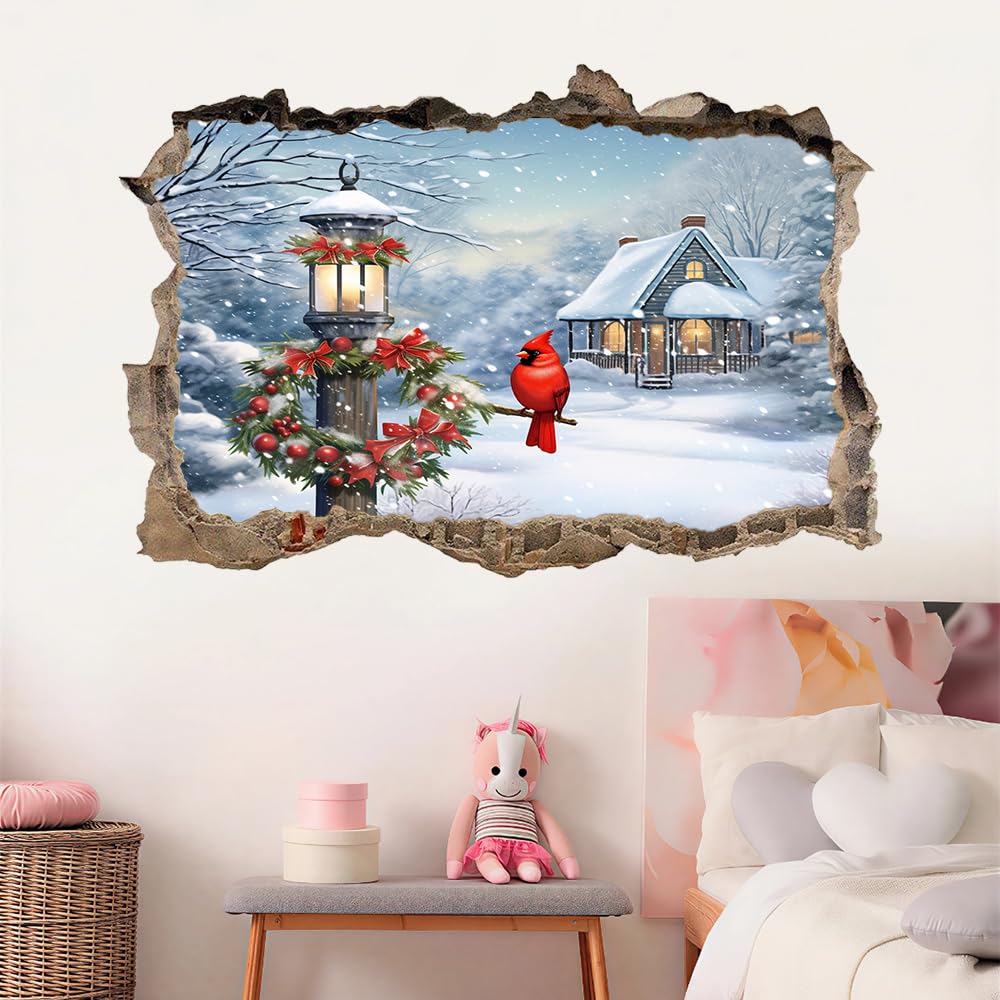 3D Durchbruch Wandtattoo Mädchen Kinderzimmer Vogelhaus Im Schnee Wandaufkleber Dekorative Winterlandschaft Wandsticker für Junge Teenager Zimmer Wohnzimmer Schlafzimmer Wandbilder Deko