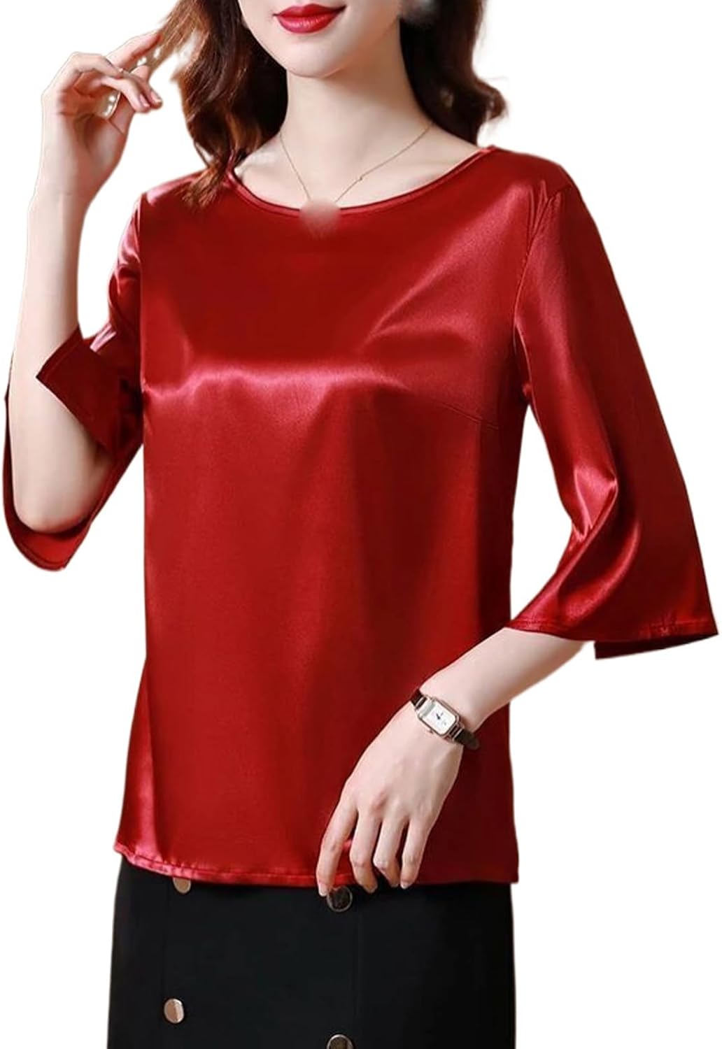 Women's Summer Loose Satin Shirt Vintage Split Sleeve O-Neck Blouse Simple Casual Top Elegant Clothing