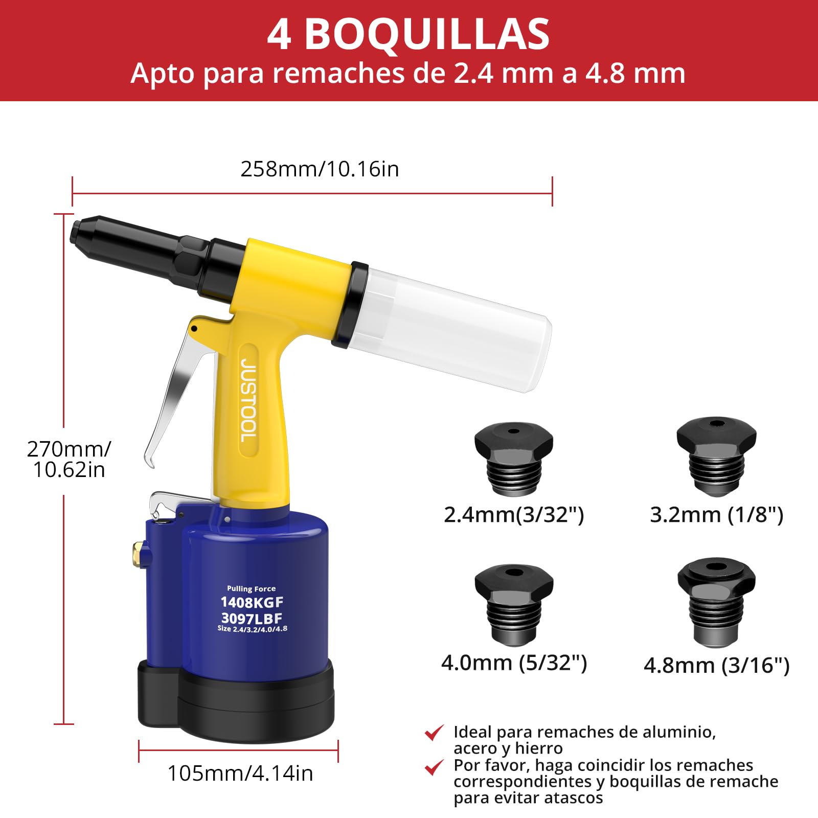 JUSTOOL Remachadora Neumática con 4 Boquillas (2.4mm,3.2mm,4.0mm,4.8mm) y 3 Mordazas,1408KGF Pistola de Remachadora para el Mantenimiento de Automóviles y Embarcaciones