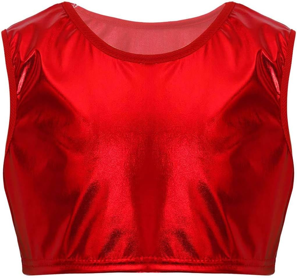 Kids Girls Shiny Dance Shirt Stage Performance Tank Tops Bronzing Clothing Mini Cami Ballet Workout