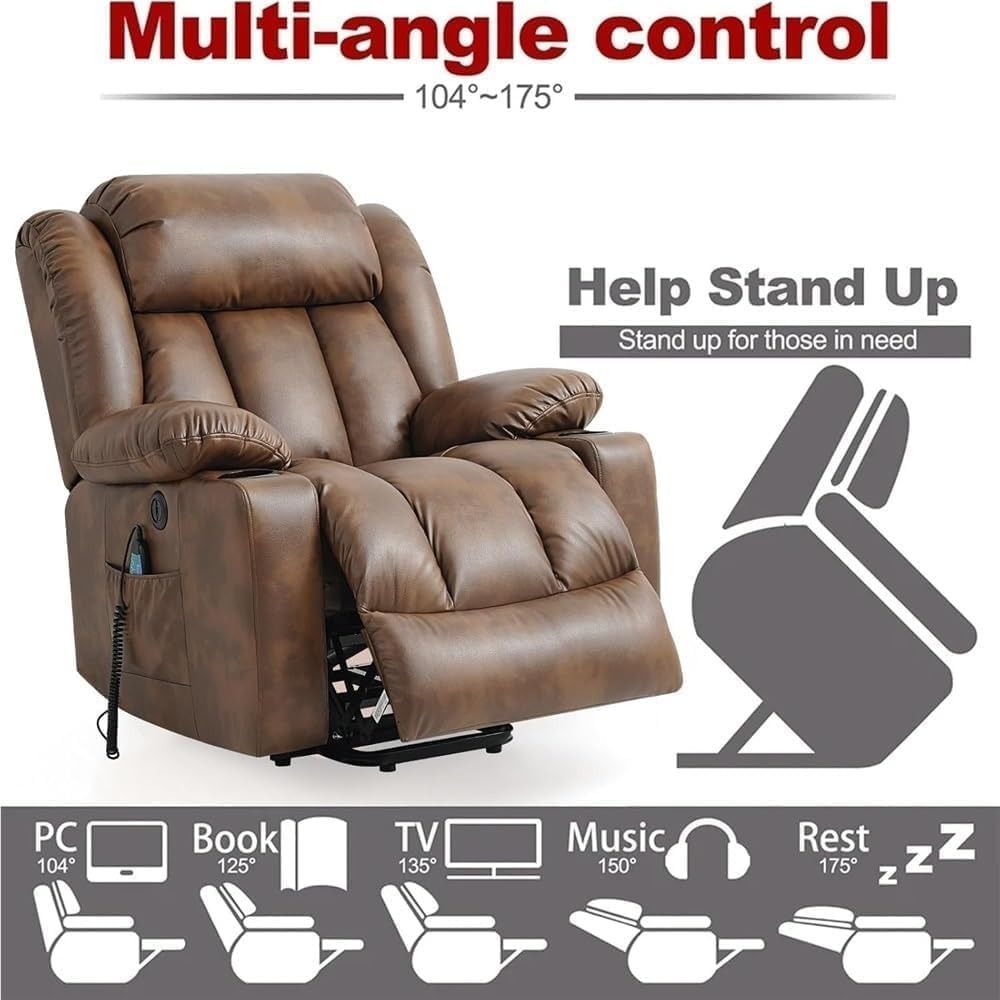 PU Leather Recliner Sofa Electric Power Lift Adjustable Recliner Chair Lay Flat Heat Massage Adults Elderly Living Room