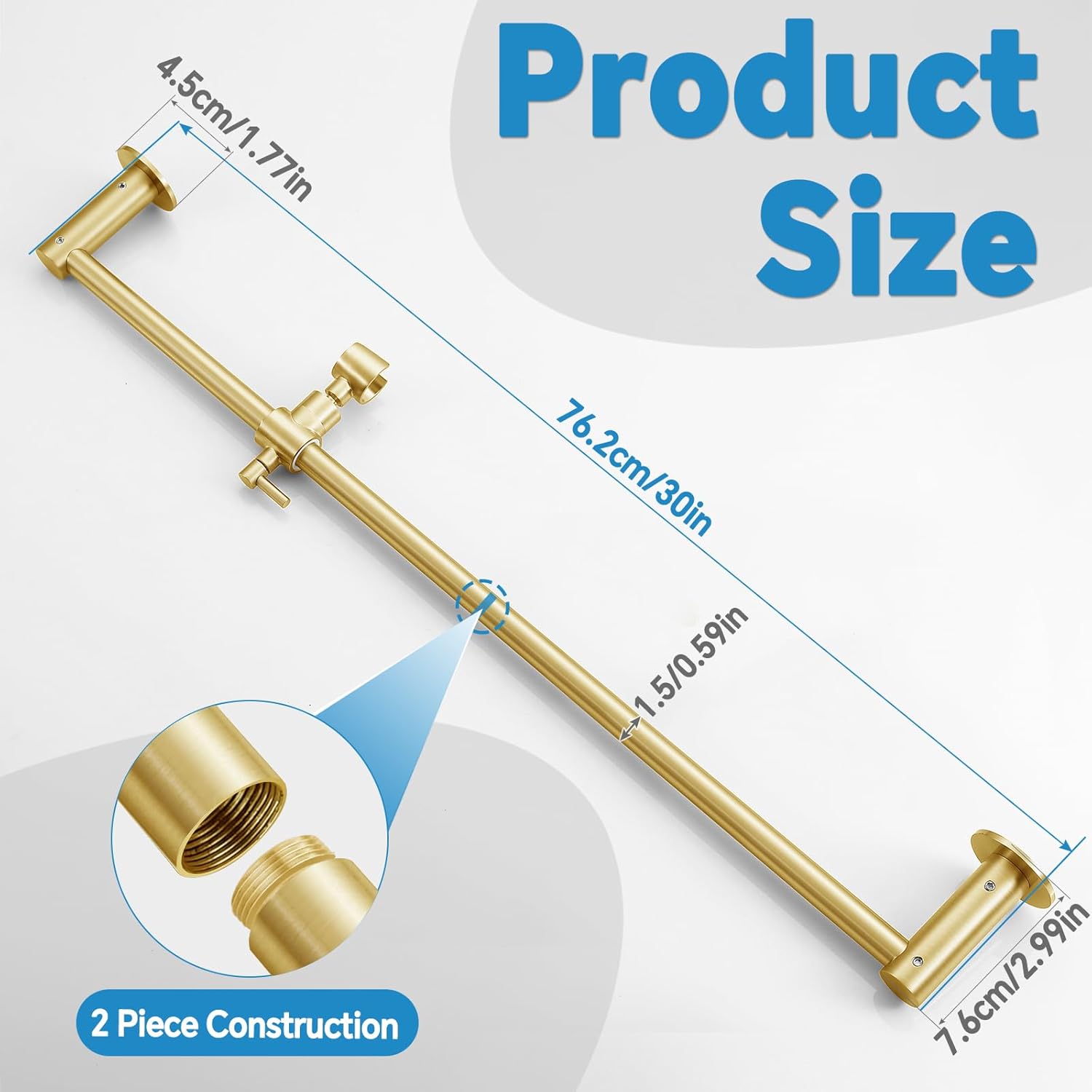 Shower Slide Bar Adjustable Handheld Shower Head Holder Wall Mount - 30inch All-Metal Shower Head Slide Bar Compatible with Bathroom Drill Free Glue Installation - Brushed Gold