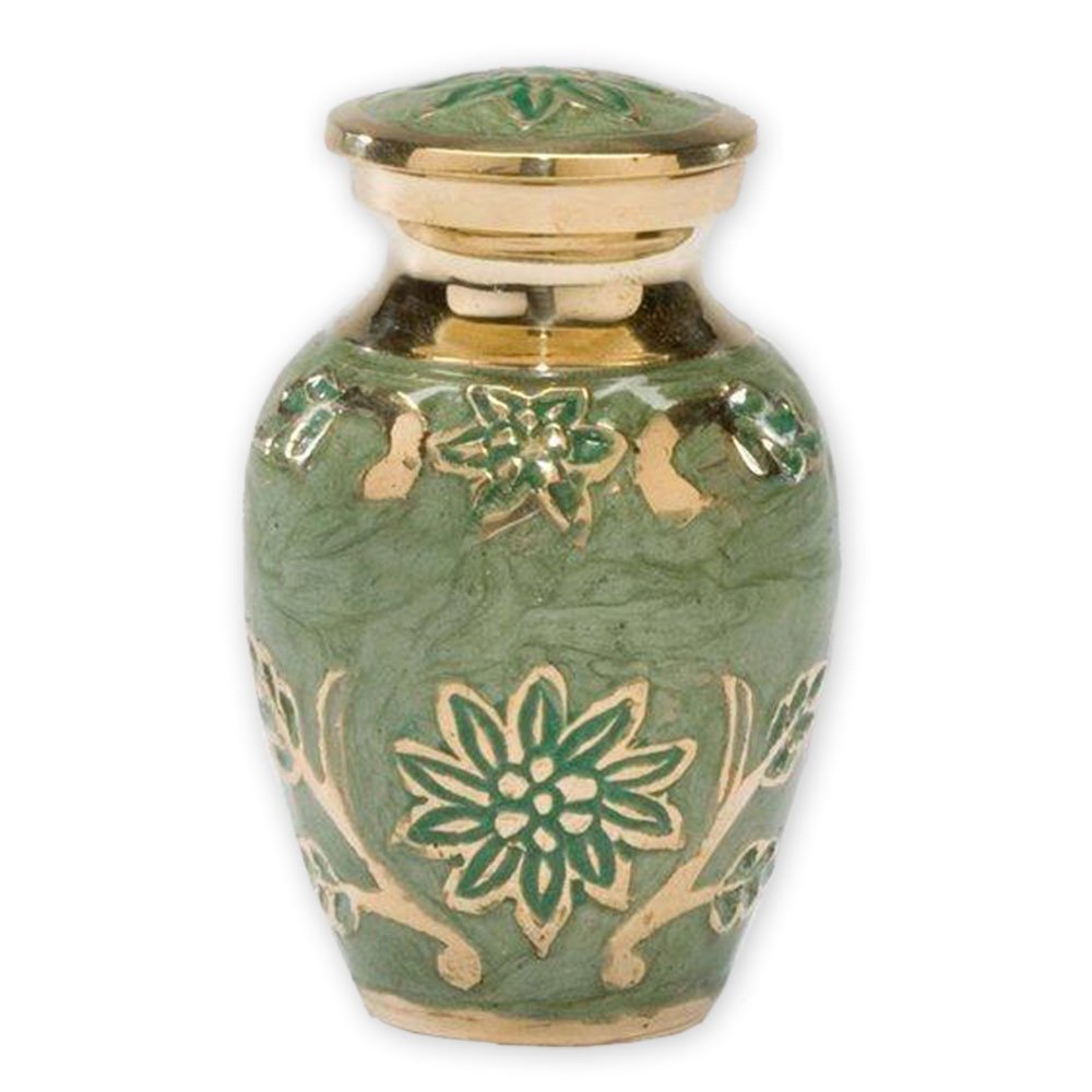 Green Garden Brass Keepsake Cremation Urn | Unique Brass Funeral Urn with Gold & Green Enamel Details | Keepsake