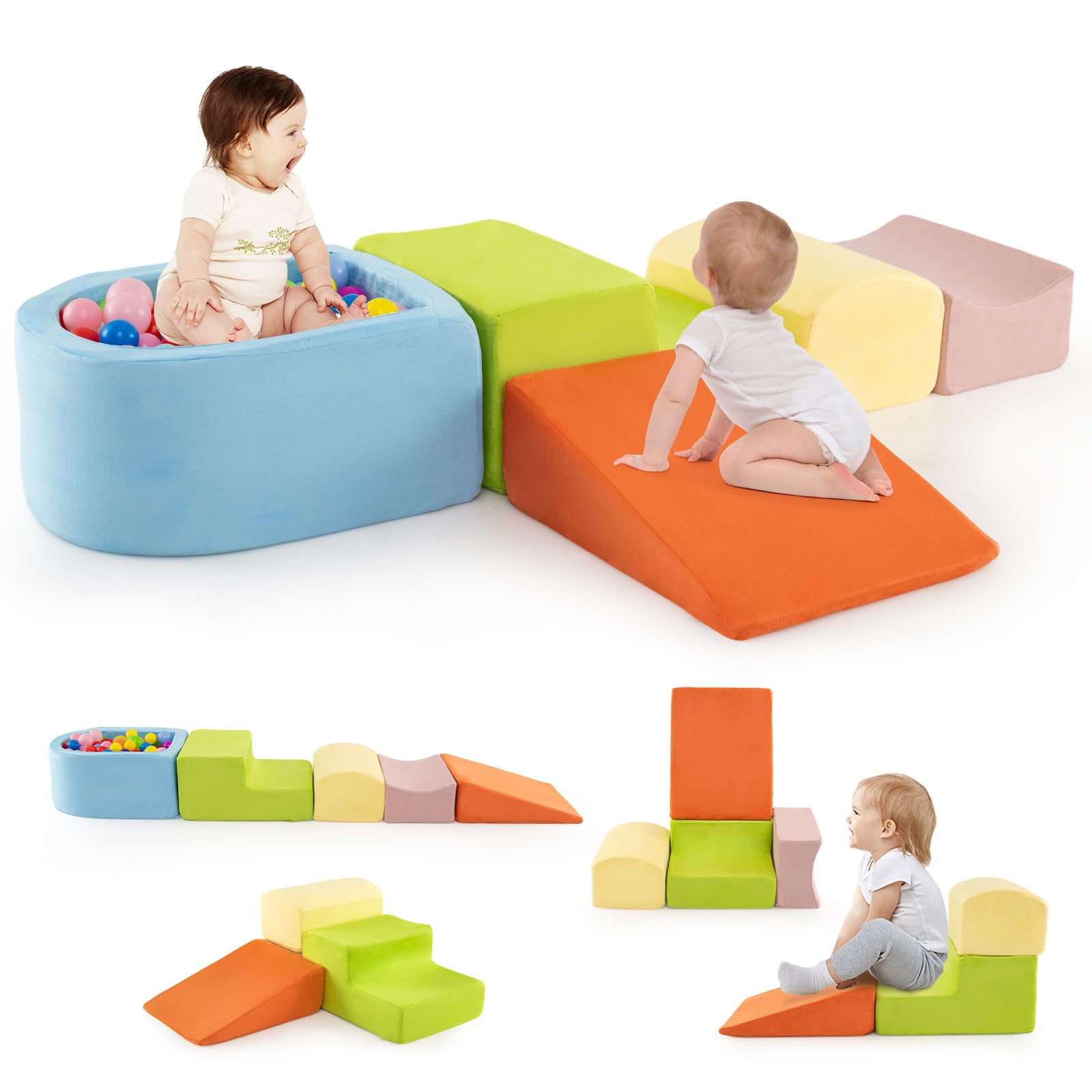 COSTWAY 5-Piece Soft Play Climbing Blocks, Baby Climb and Crawl Playset with Ball Pit, Foam Playground Montessori Toy for Toddlers