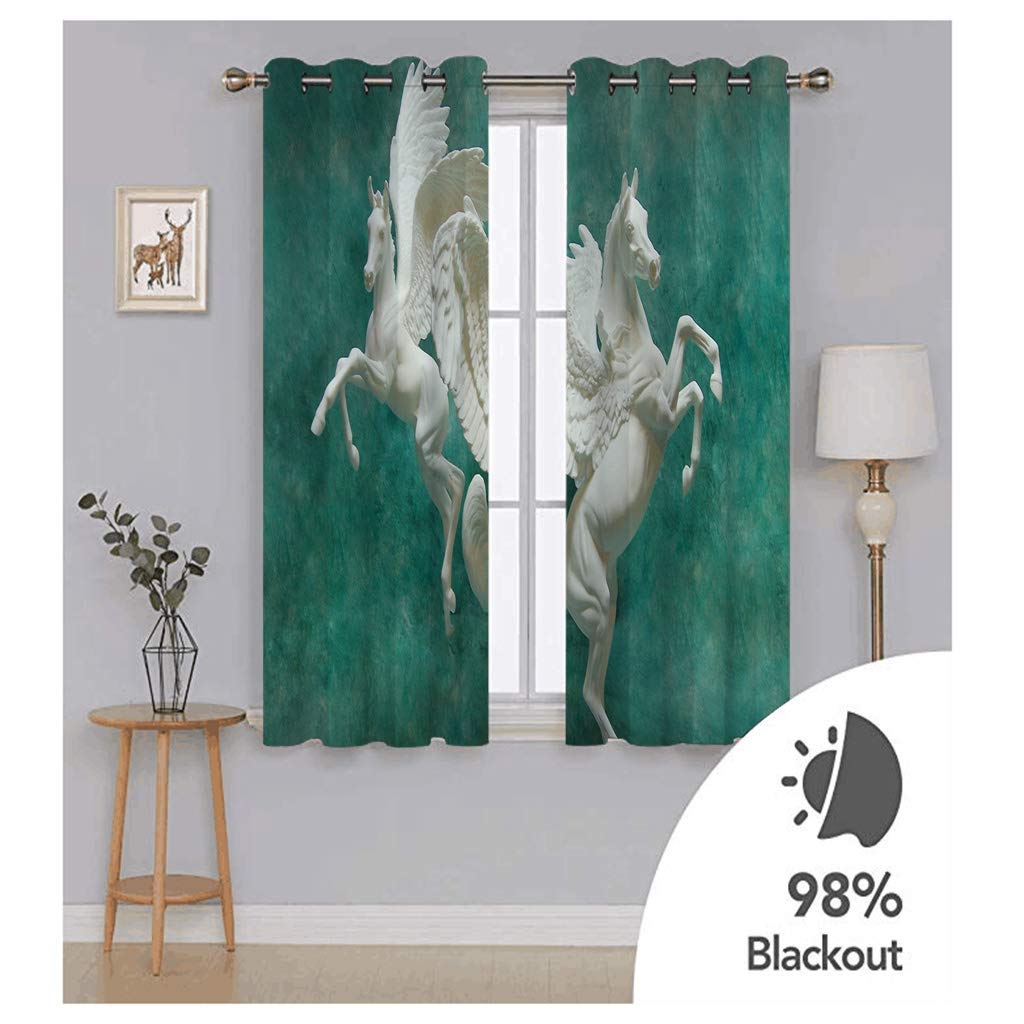Cortinas Opacas con Ojales, Termicas Aislantes Frio y Calor, Habitacion Infantil Resistente La Luz para Ventanas Gruesa Suave Cortina Reducción de Ruido 2 Piezas x 132 An x 145 CM Al Verde y Caballo