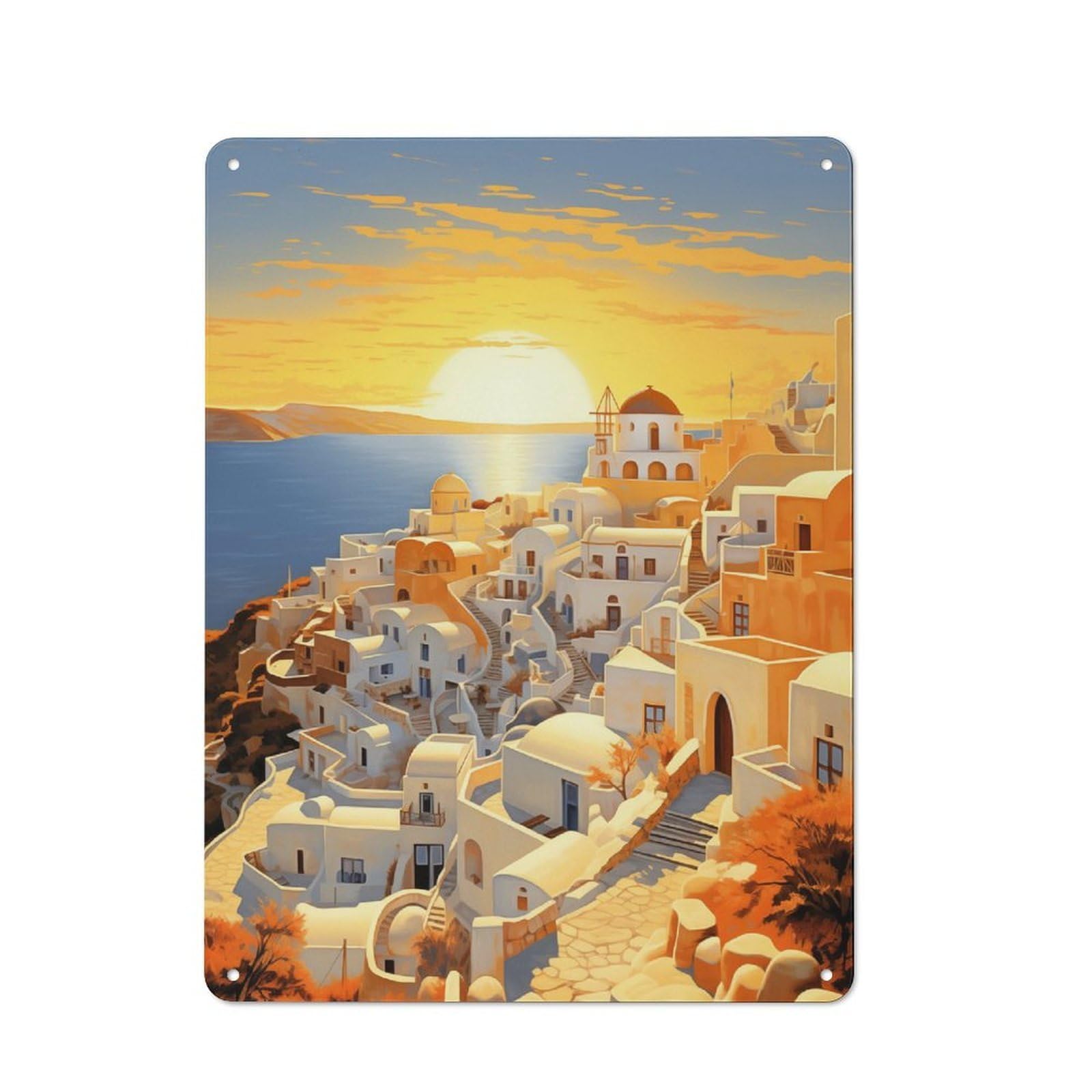 Junmoney Style-2 Santorini Village At Sunset Distressed Look Metal Wall Decor 40X30cm, Vintage Tin Sign For Living Room, Hallway, Kitchen Or Cafe