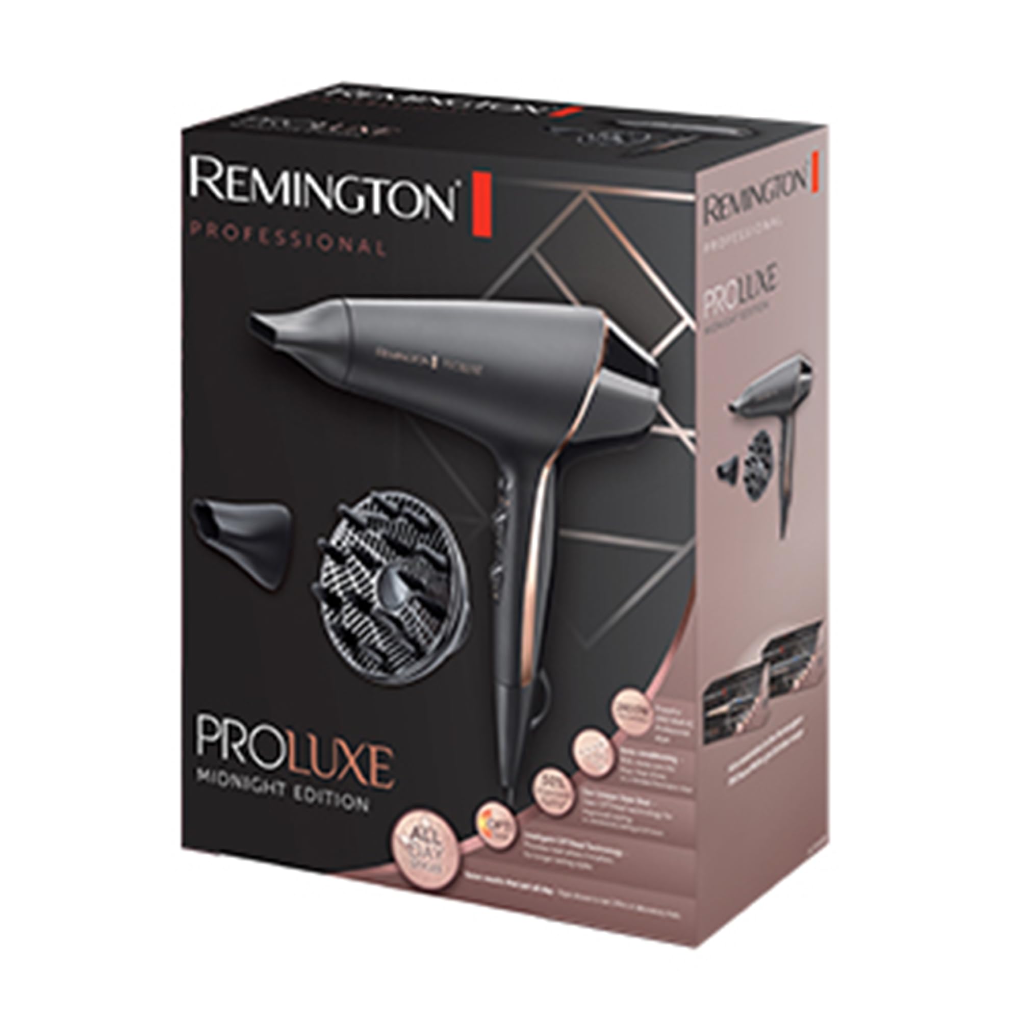 Remington Secador de Pelo Profesional PROluxe Midnight Edition - 2400 W, Iónico, Tecnología OPTIHeat, Sin Encrespamiento, Motor AC, Difusor y Concentrador, 3 Temperaturas, 2 Velocidades - AC9140B