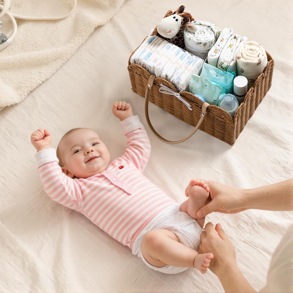HBlife Organizador de pañales para bebé, lavable, impermeable, gran cesta tejida de mimbre festoneado portátil con divisor, estación de pañales para guardería, cesta de regalo para baby shower