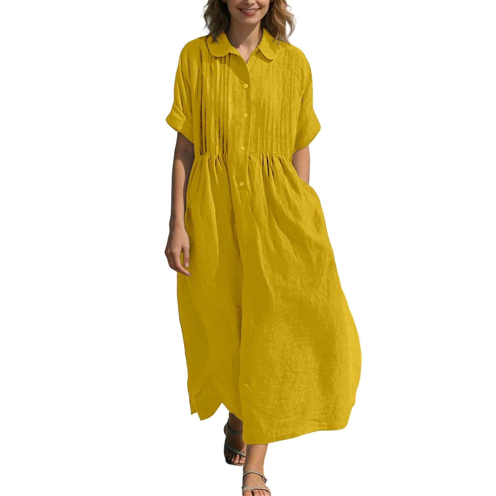 Vestido de verano para mujer, largo, cuello vuelto, elegante, vestido de playa, vestido de verano, vestido camisero con botones, vestido maxi de manga corta, vestido de verano para mujer, ligero y