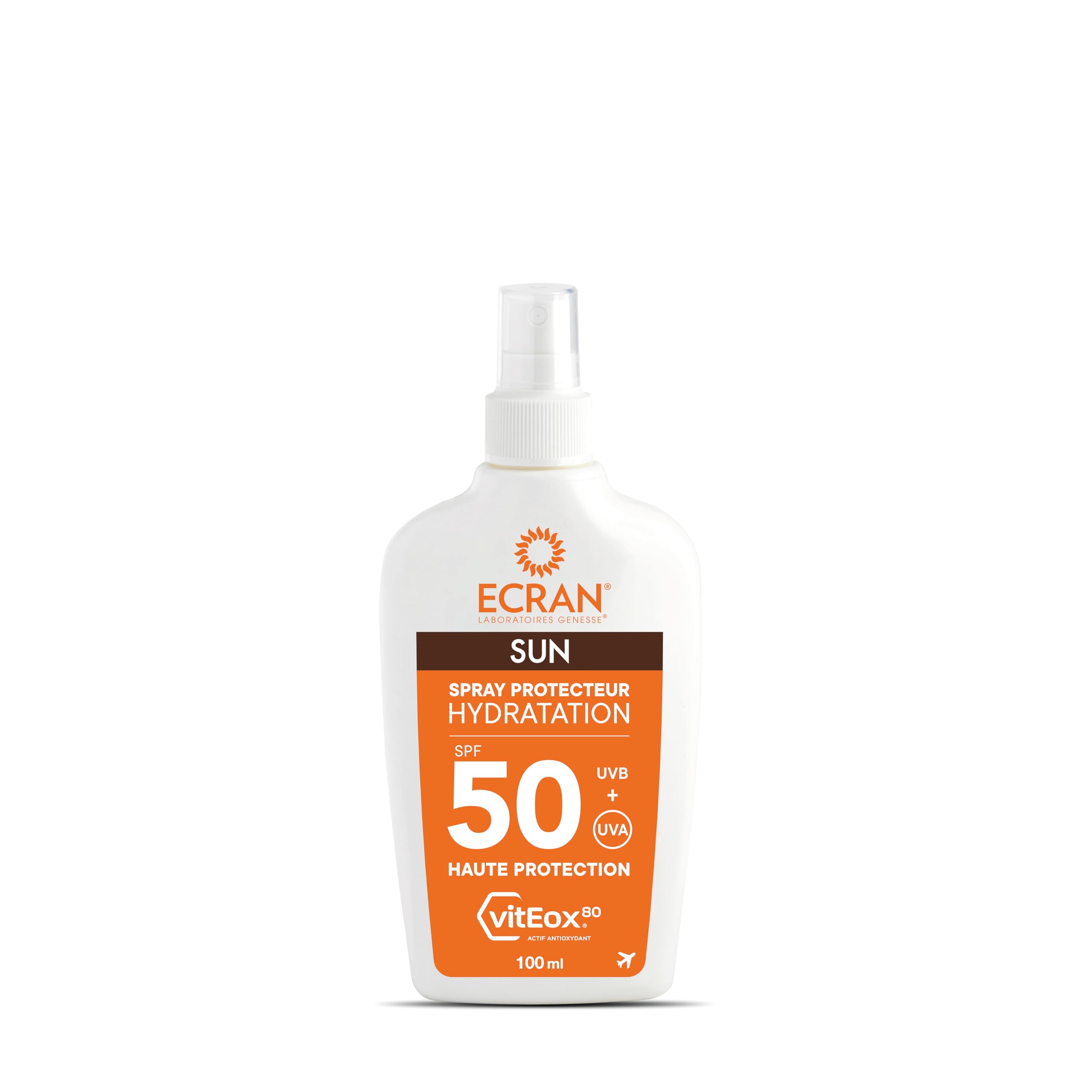 ECRAN® - Spray Protecteur Hydratant - Haute Protection - Technologie vitEox80 - Vitamine E - Protection UVA, UVB, Coups de Soleil - Protection Solaire SPF 50 - Bronzage naturel - Format Voyage